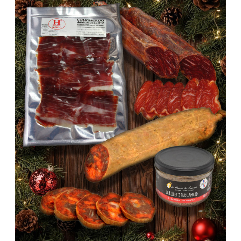 Lote gourmet de Navidad: jamón bellota, lomo, chorizo y rillete artesanal