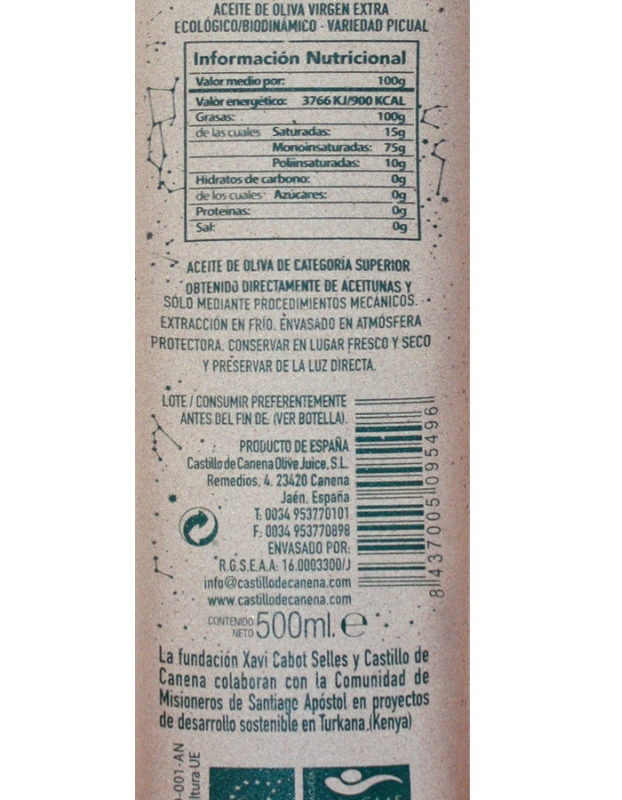 Etiqueta AOVE Biodinámico Arbequina - Castillo de Canena