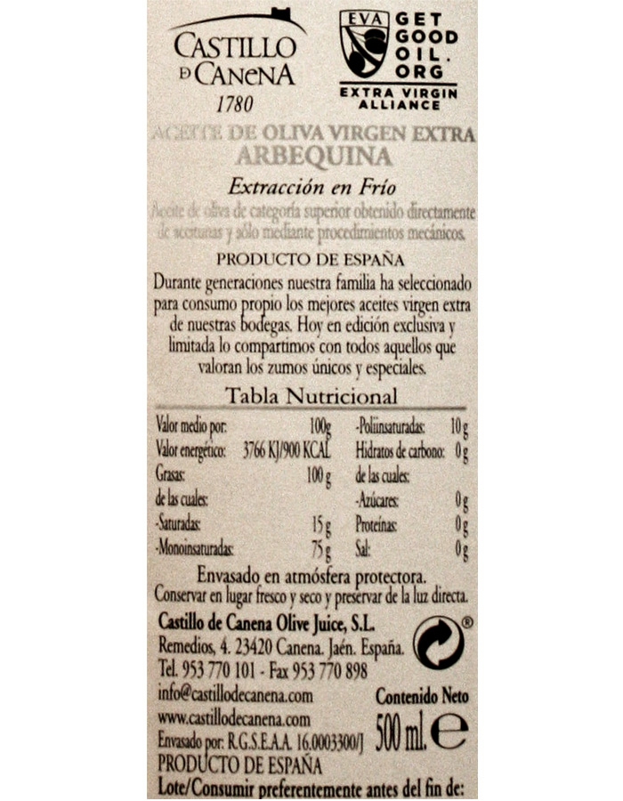 Etiqueta AOVE Arbequina - Castillo de Canena