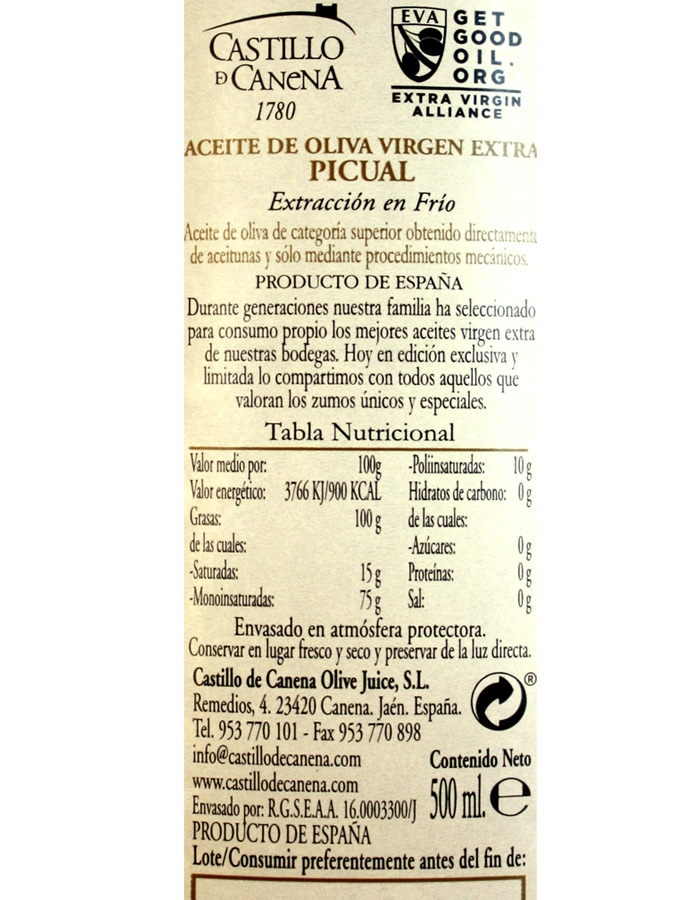 Label AOVE picual - Castillo de Canena
