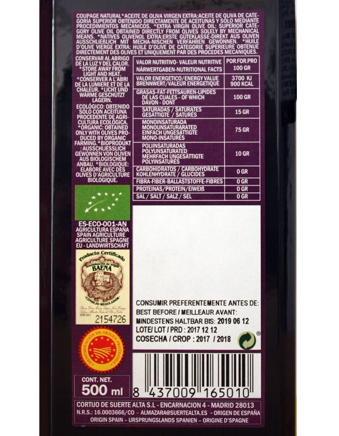Label of quality AOVE - Cortijo de Suerte Alta