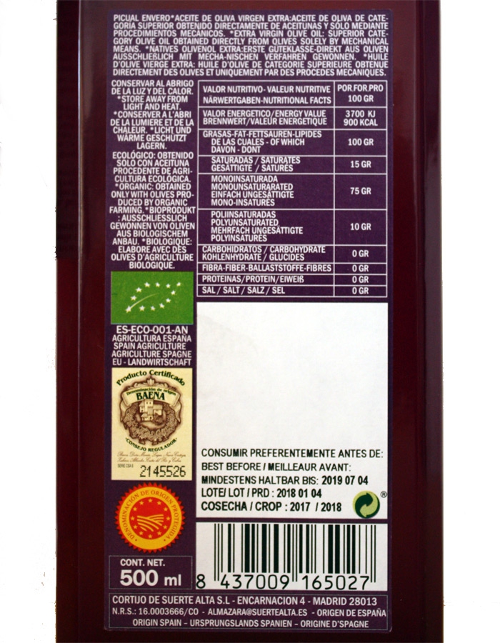 Etiqueta Aceite de Oliva Virgen Extra Ecológico Picual - Cortijo de Suerte Alta