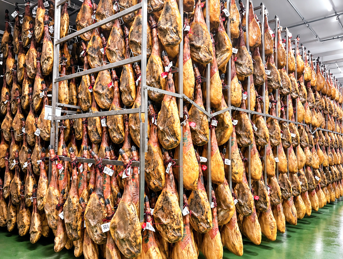 Jambons secs ibériques en cave en juin 2026