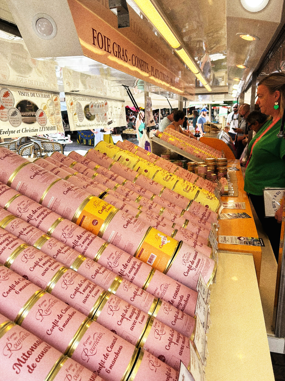Tins of duck confit at Sarlat market